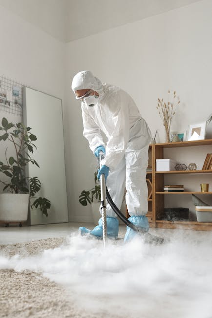 A professional cleaning technician dressed in full protective white suit, face mask, and blue gloves is engaged in deep surface cleaning within a residential living room. The technician is operating a steam or fogging machine that emits a dense cloud of cleaning or sanitising mist onto a plush beige carpet, which appears clean and well-maintained. The room features a white wall with a tall mirror, a wooden shelf with decorative items, and potted plants providing a welcoming atmosphere. Bright natural light illuminates the space, highlighting the meticulous cleaning process aimed at hygiene and carpet maintenance. This scene showcases the professional domestic cleaning services offered by Merton Carpet Cleaners, emphasizing thorough sanitisation and deep cleaning for a healthier home environment.
