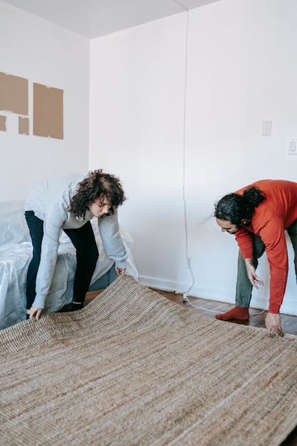 Two women are engaged in a domestic cleaning activity in a well-lit room with white walls. They are laying down a large, light brown woven carpet on a wooden floor, with both women bending over to straighten the edges. One woman, with curly brown hair, is dressed in a light grey sweater and black pants, while the other, with dark hair, is wearing a red long-sleeve top and grey pants. The room's walls feature three blank, unpainted patch panels and a white electrical outlet, indicating ongoing decor work. Visible cleaning tools or products are not present, but the scene suggests thorough surface handling and carpet placement for hygiene or maintenance purposes, consistent with deep cleaning or domestic cleaning services provided by Merton Carpet Cleaners, as referenced in the page about managing bulky carpet waste in Merton.